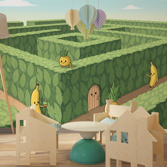 Papel de parede para quarto de criança | Labirinto divertido com frutas sorridentes