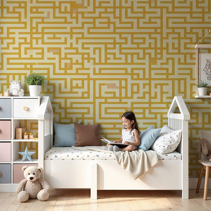 Tapete Kinderzimmer | Lustiges Labyrinth in Gelb und Beige