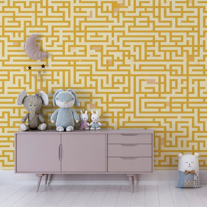 Tapete Kinderzimmer | Lustiges Labyrinth in Gelb und Beige