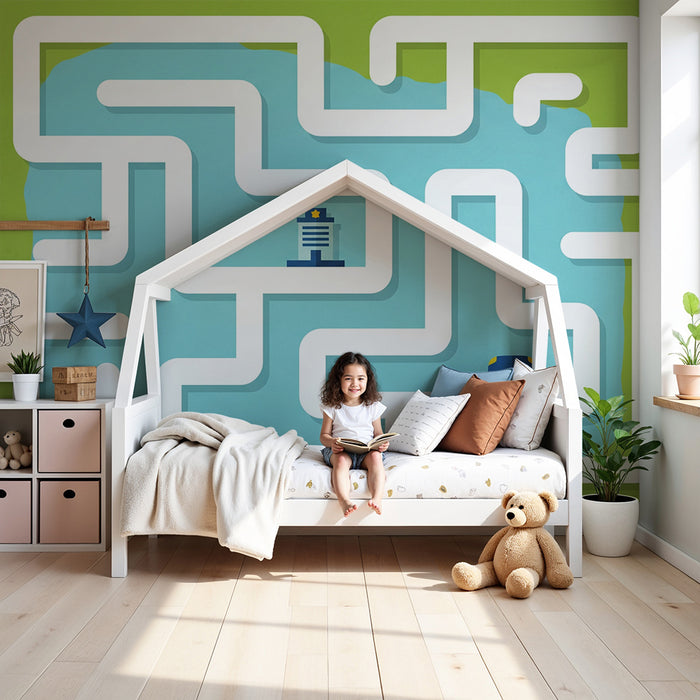 Behang kinderkamer | Kleurrijk doolhof met huisjes en raceauto