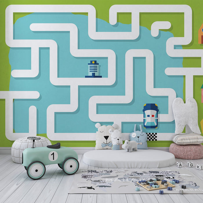 Behang kinderkamer | Kleurrijk doolhof met huisjes en raceauto