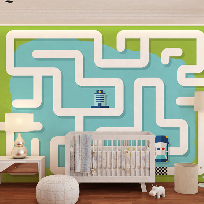 Behang kinderkamer | Kleurrijk doolhof met huisjes en raceauto