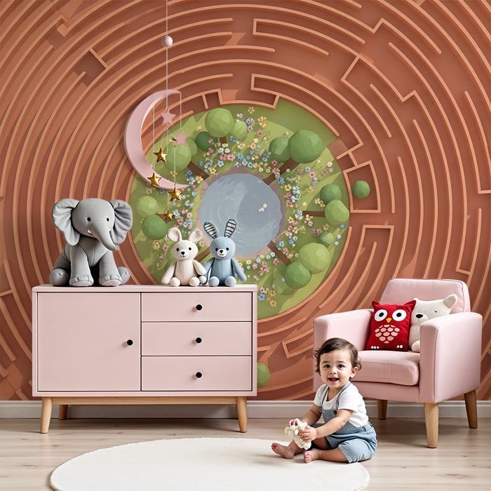 Kinderzimmer Tapete | Farbenfrohes Labyrinth mit einem friedlichen Teich und Bäumen