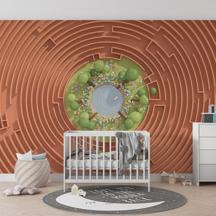Kinderzimmer Tapete | Farbenfrohes Labyrinth mit einem friedlichen Teich und Bäumen