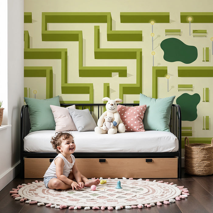 Papier peint chambre enfant | Labyrinthe ludique avec bancs et étangs