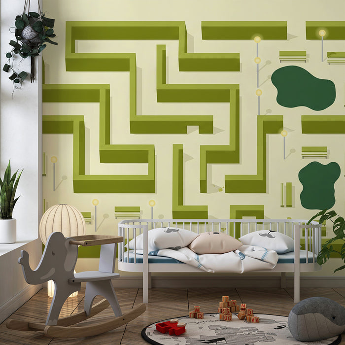 Papier peint chambre enfant | Labyrinthe ludique avec bancs et étangs