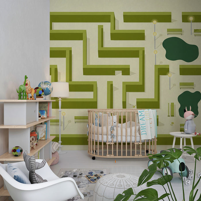 Papier peint chambre enfant | Labyrinthe ludique avec bancs et étangs