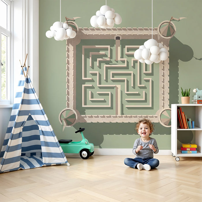Carta da parati bambini | Labirinto magico con castello e bandiere colorate