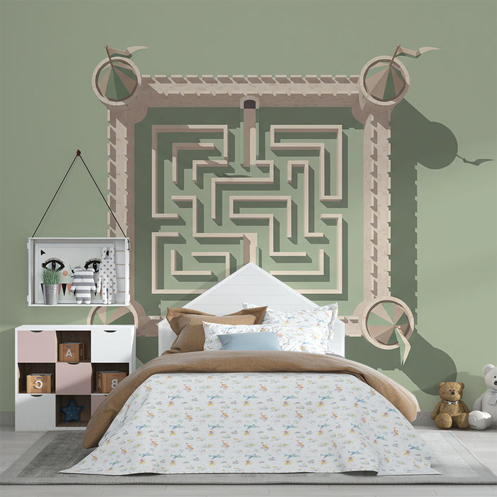 Carta da parati bambini | Labirinto magico con castello e bandiere colorate