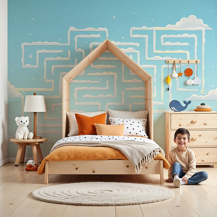 Kids room wallpaper | Cloudy labyrinth on a sky blue background