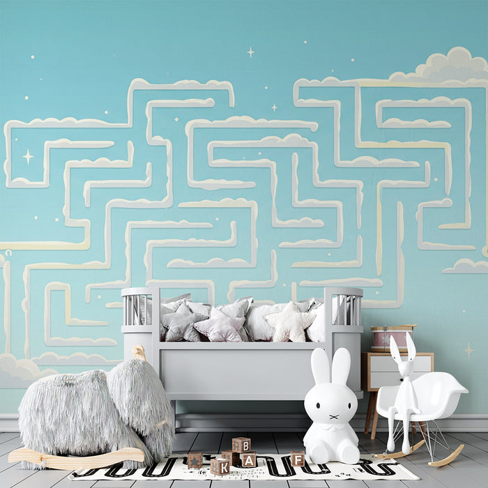 Kids room wallpaper | Cloudy labyrinth on a sky blue background