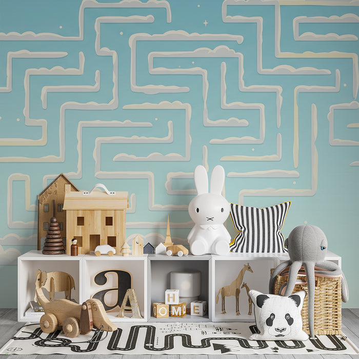 Kids room wallpaper | Cloudy labyrinth on a sky blue background
