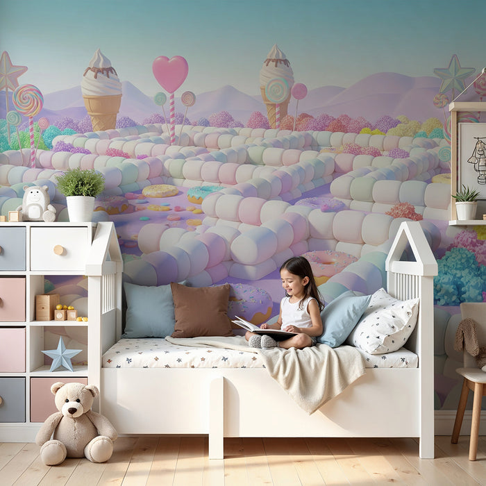 Kinderkamer behang | Zoete doolhof met snoepjes en kleurrijke gebakjes