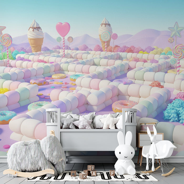 Kinderkamer behang | Zoete doolhof met snoepjes en kleurrijke gebakjes