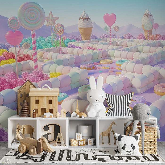 Kinderkamer behang | Zoete doolhof met snoepjes en kleurrijke gebakjes