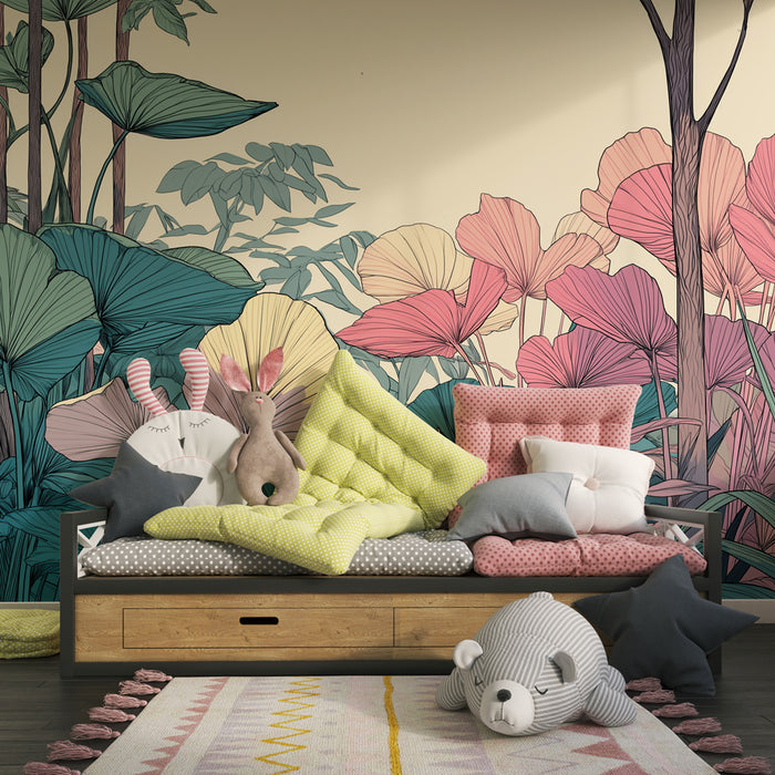 Papier peint chambre enfant | Laissez-vous emporter par la douceur d'une forêt colorée