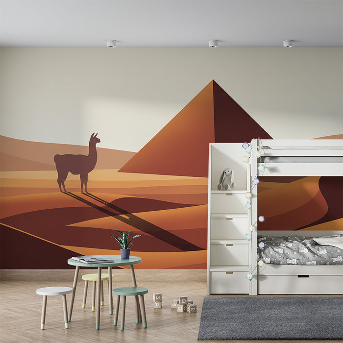 Papel pintado infantil | Llama en un paisaje desértico con pirámide