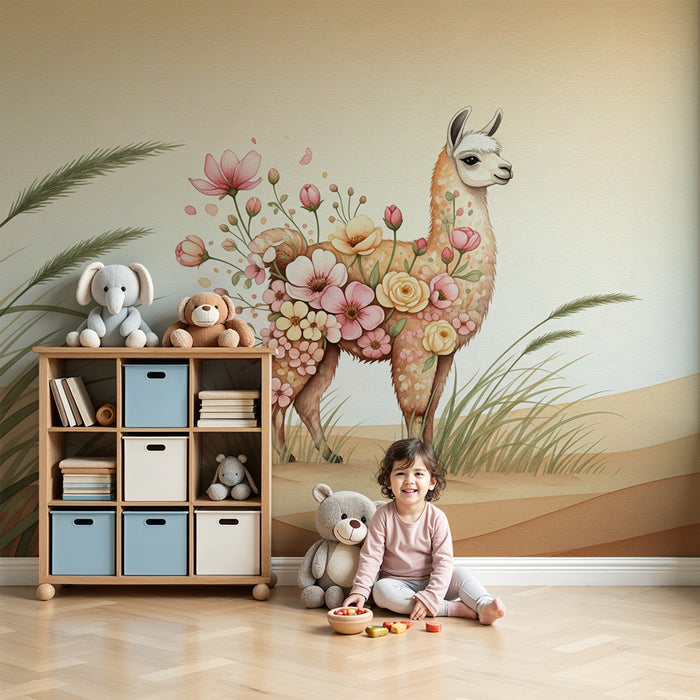 Papier peint chambre enfant | Lama fleuri dans un paysage désertique doux