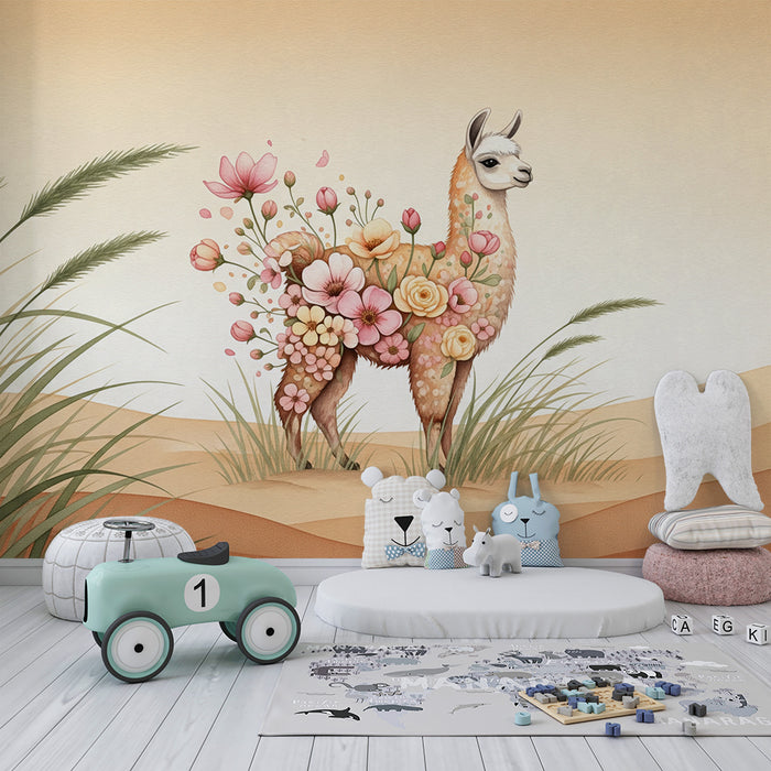 Papier peint chambre enfant | Lama fleuri dans un paysage désertique doux