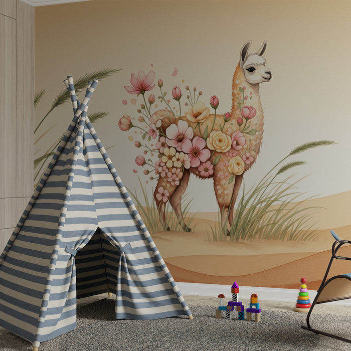 Papier peint chambre enfant | Lama fleuri dans un paysage désertique doux