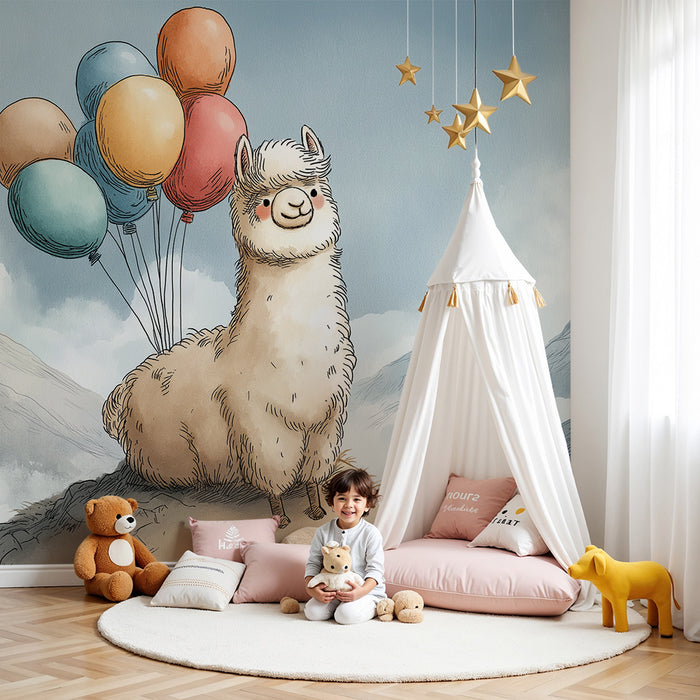 Lastenhuoneen tapetti | Iloinen lammas ilmapalloilla värikkäässä vuoristomaisemassa