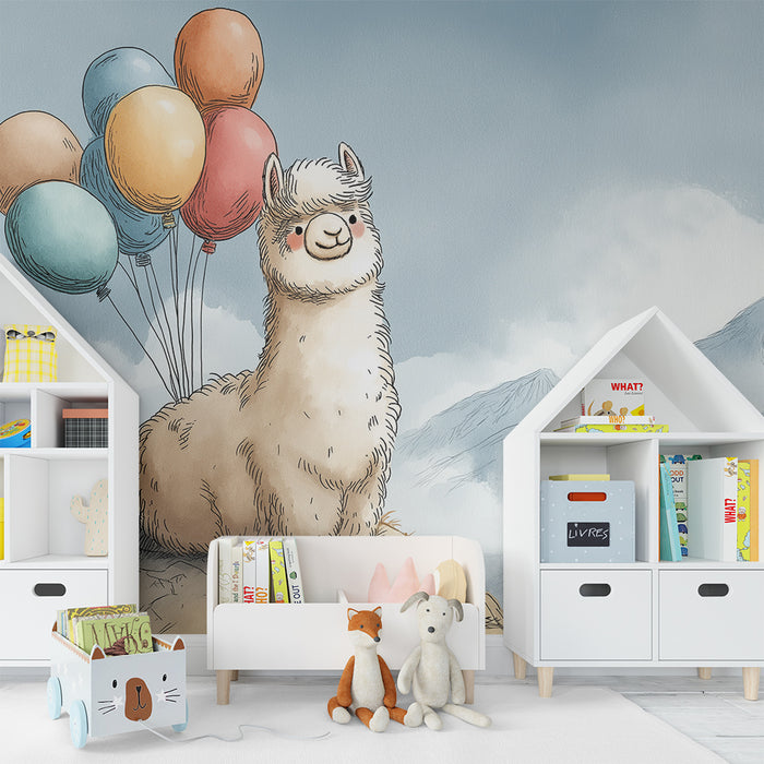 Lastenhuoneen tapetti | Iloinen lammas ilmapalloilla värikkäässä vuoristomaisemassa