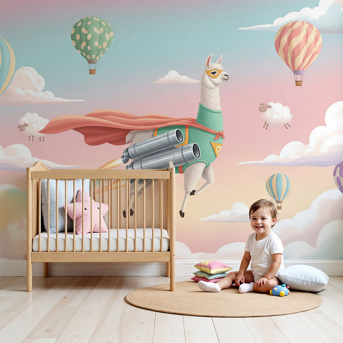 Kinderzimmer Tapete | Lama Superheld fliegt zwischen Heißluftballons und Wolken