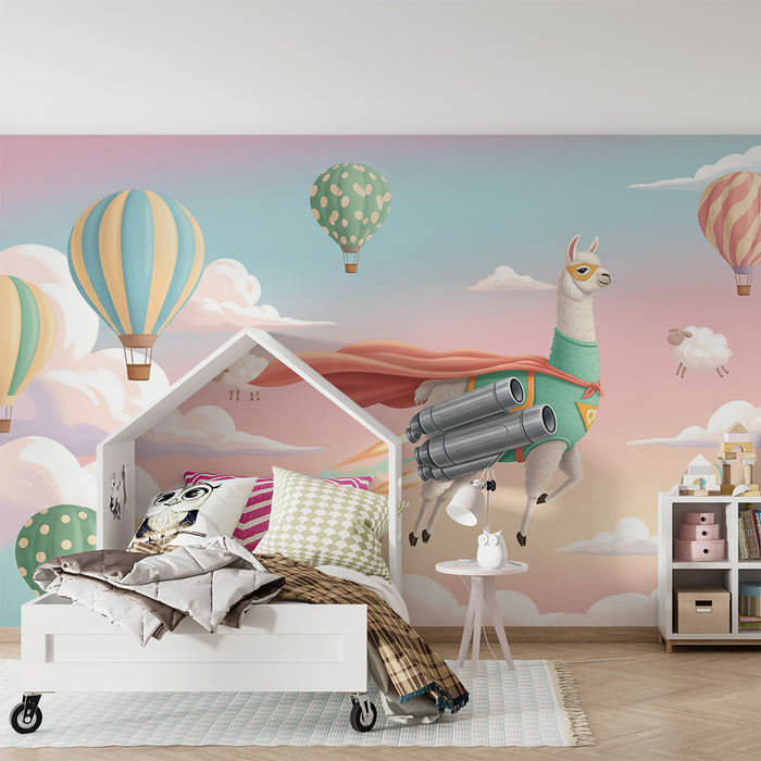 Kinderzimmer Tapete | Lama Superheld fliegt zwischen Heißluftballons und Wolken