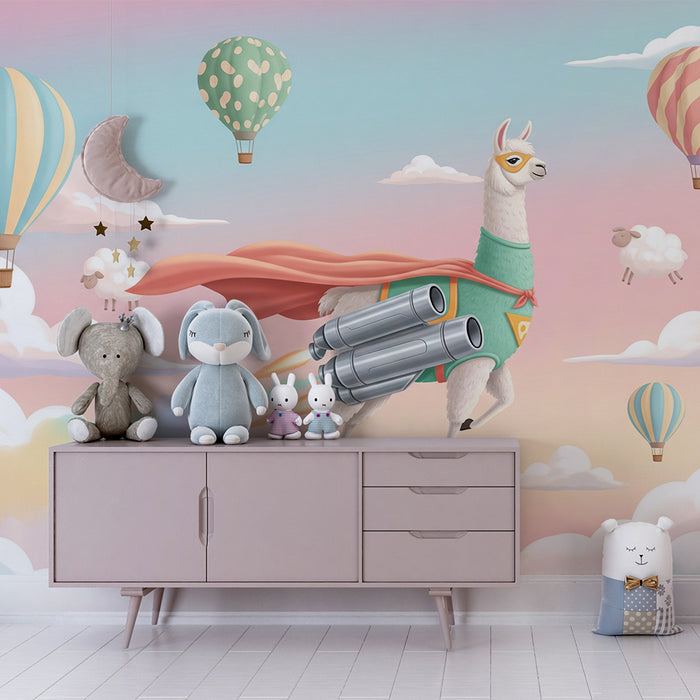 Kinderzimmer Tapete | Lama Superheld fliegt zwischen Heißluftballons und Wolken