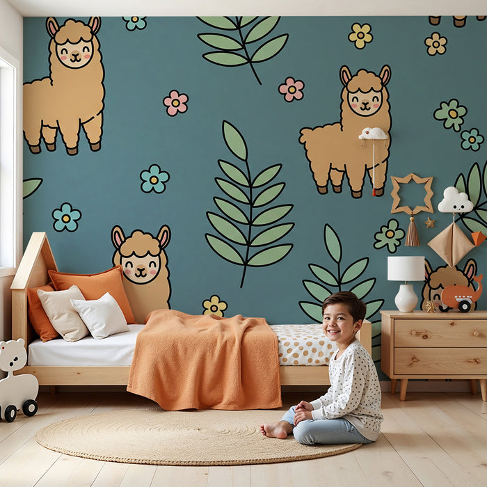 Kids' Room Wallpaper | Adorable Llamas and Colorful Foliage on a Blue Background