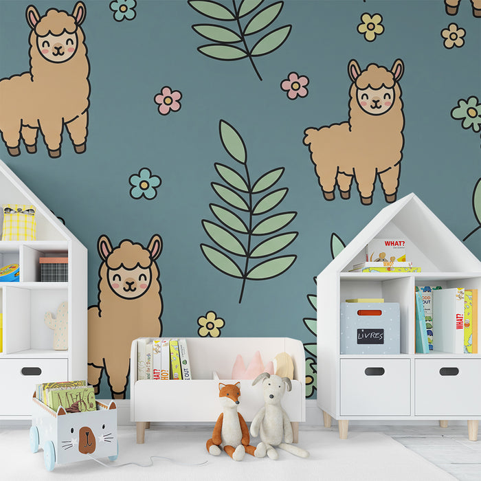 Kids' Room Wallpaper | Adorable Llamas and Colorful Foliage on a Blue Background