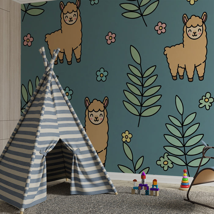 Kids' Room Wallpaper | Adorable Llamas and Colorful Foliage on a Blue Background