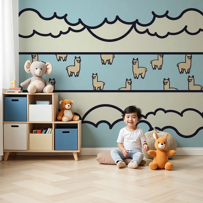 Kids' Room Wallpaper | Playful Llamas in a Soft Blue Sky