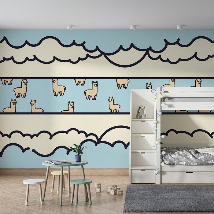 Kids' Room Wallpaper | Playful Llamas in a Soft Blue Sky