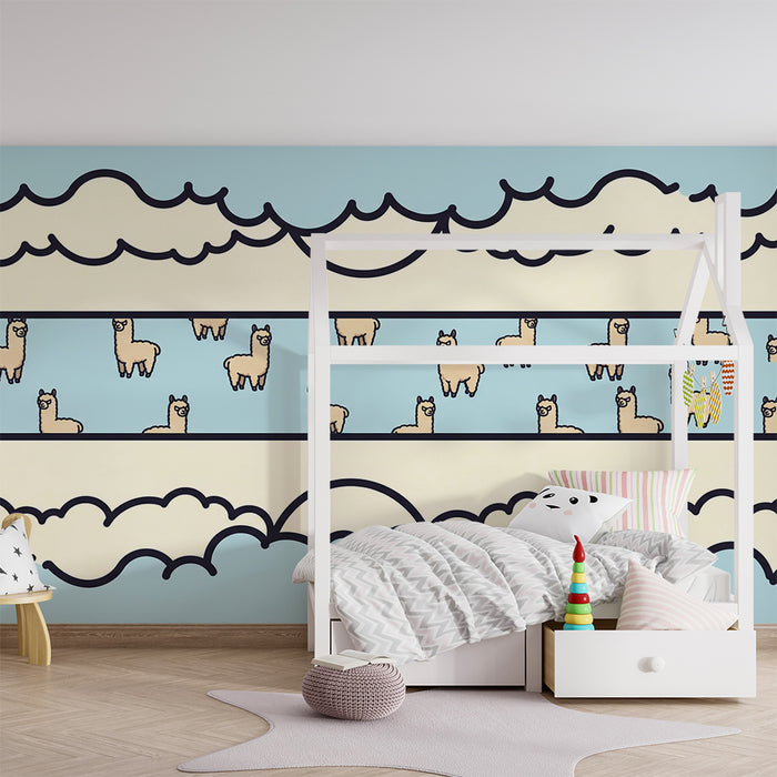 Kids' Room Wallpaper | Playful Llamas in a Soft Blue Sky