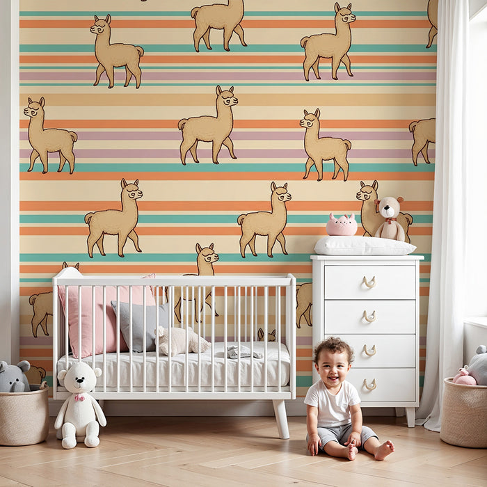 Kids' Room Wallpaper | Playful Llamas on Pastel Striped Background