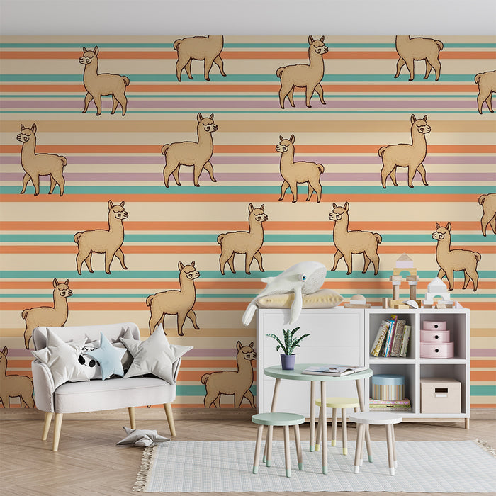 Kids' Room Wallpaper | Playful Llamas on Pastel Striped Background