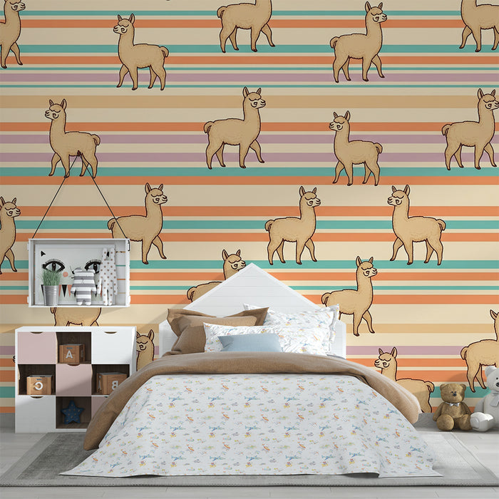 Kids' Room Wallpaper | Playful Llamas on Pastel Striped Background