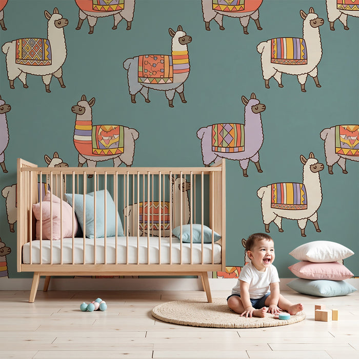 Kids' room wallpaper | Colorful llamas with ethnic patterns on a blue background