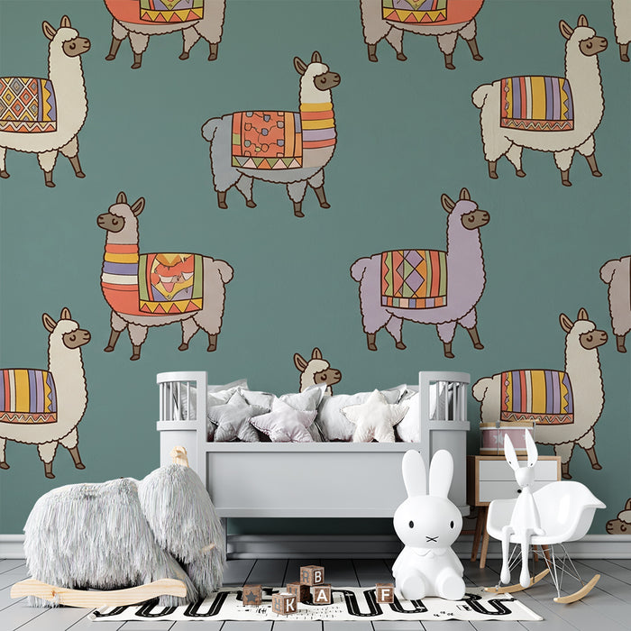 Kids' room wallpaper | Colorful llamas with ethnic patterns on a blue background