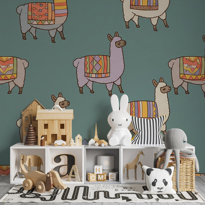 Kids' room wallpaper | Colorful llamas with ethnic patterns on a blue background