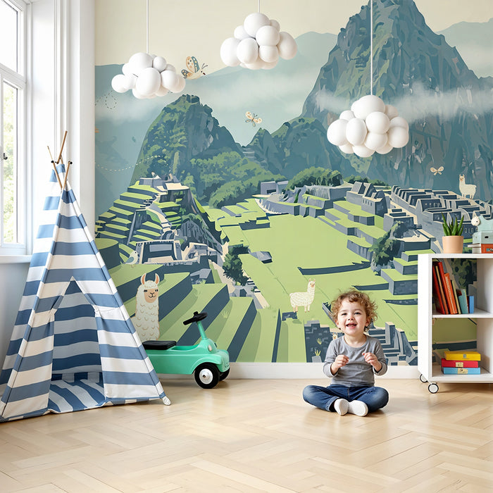 Papier peint chambre enfant | Lamas et paysages andins au Machu Picchu