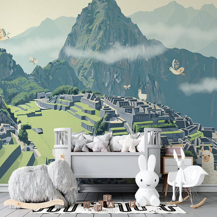 Papier peint chambre enfant | Lamas et paysages andins au Machu Picchu
