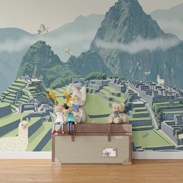 Papier peint chambre enfant | Lamas et paysages andins au Machu Picchu
