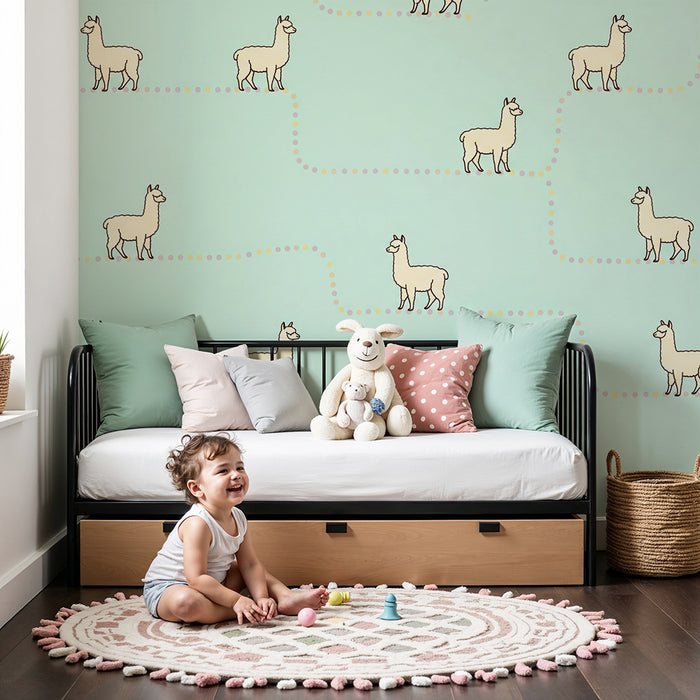 Kids' Room Wallpaper | Adorable Llamas on a Pastel Background with Colorful Patterns