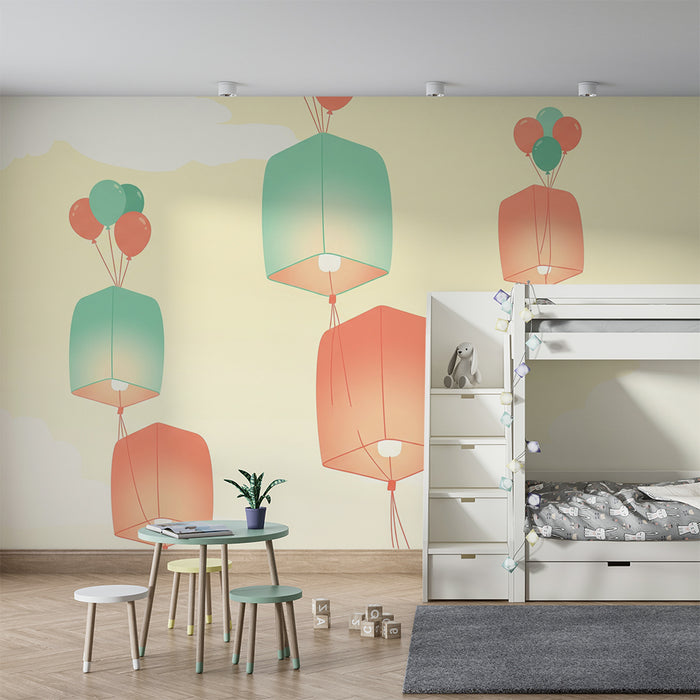 Papel de parede criança | Lanternas coloridas e balões flutuando num céu suave