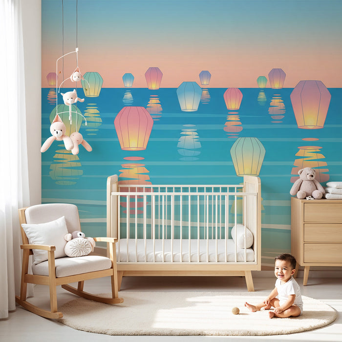 Papel de parede criança | Lanternas coloridas flutuando sobre um mar tranquilo