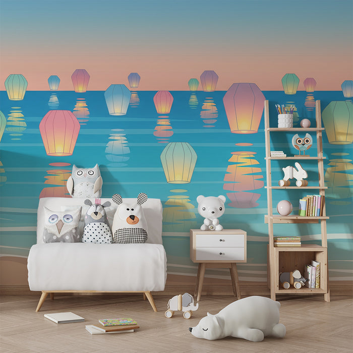 Papel de parede criança | Lanternas coloridas flutuando sobre um mar tranquilo