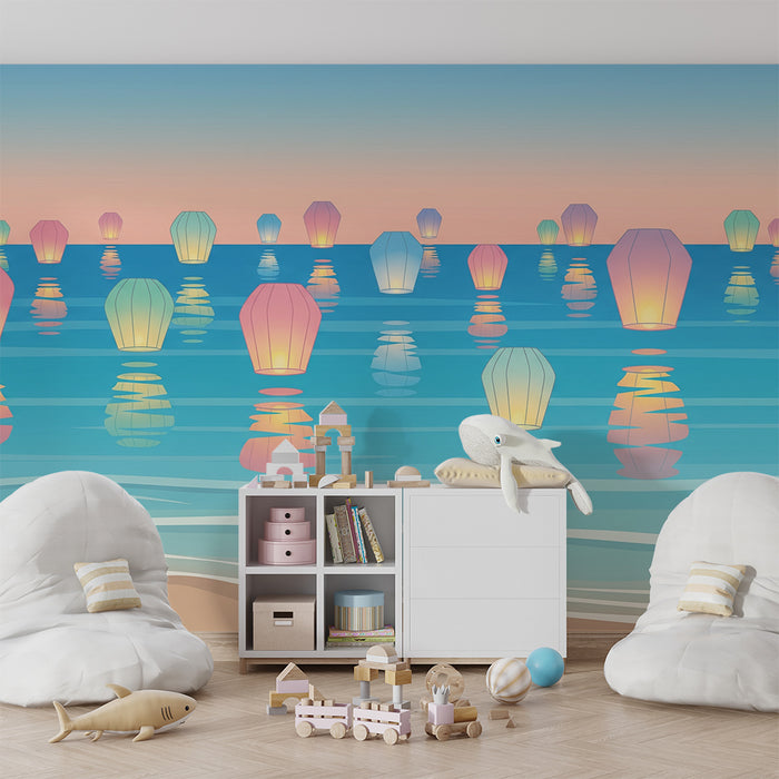 Papel de parede criança | Lanternas coloridas flutuando sobre um mar tranquilo