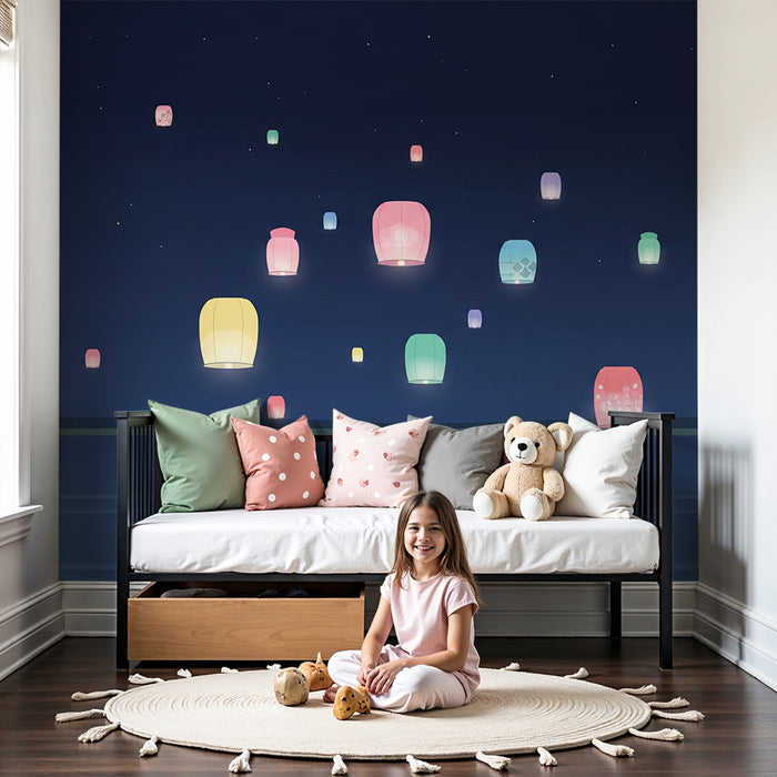 Kinderzimmer Tapete | Bunte Laternen, die einen friedlichen nächtlichen Himmel beleuchten
